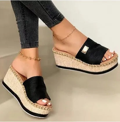 Women's wedge heel platform sandals with cloth upper and metal detail, plain style, front view