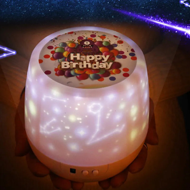 Sky Fall projector night light showing constellation projection on ceiling, with USB cable and five film slides