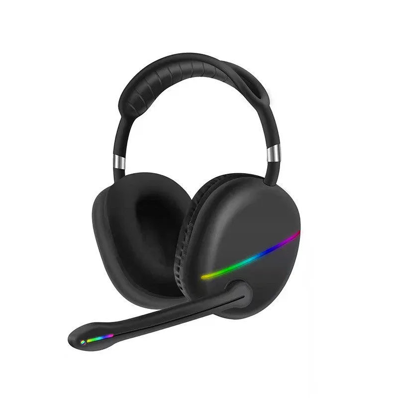 Wireless Bluetooth headset with RGB lighting effects in blue, pink, or red colours showing over-ear design