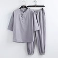 Men's cotton linen short sleeve Hanfu lay Buddhist suit in khaki, with front buckle and matching trousers