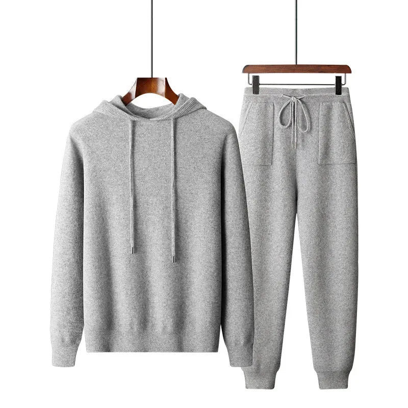 Men's light grey cashmere hooded sweatshirt and trousers leisure set on mannequin