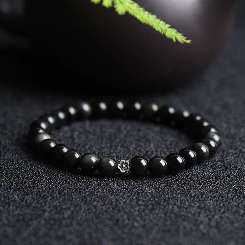 Natural obsidian bracelet with S925 sterling silver dragon phoenix decorations and constellation design on 6mm beads