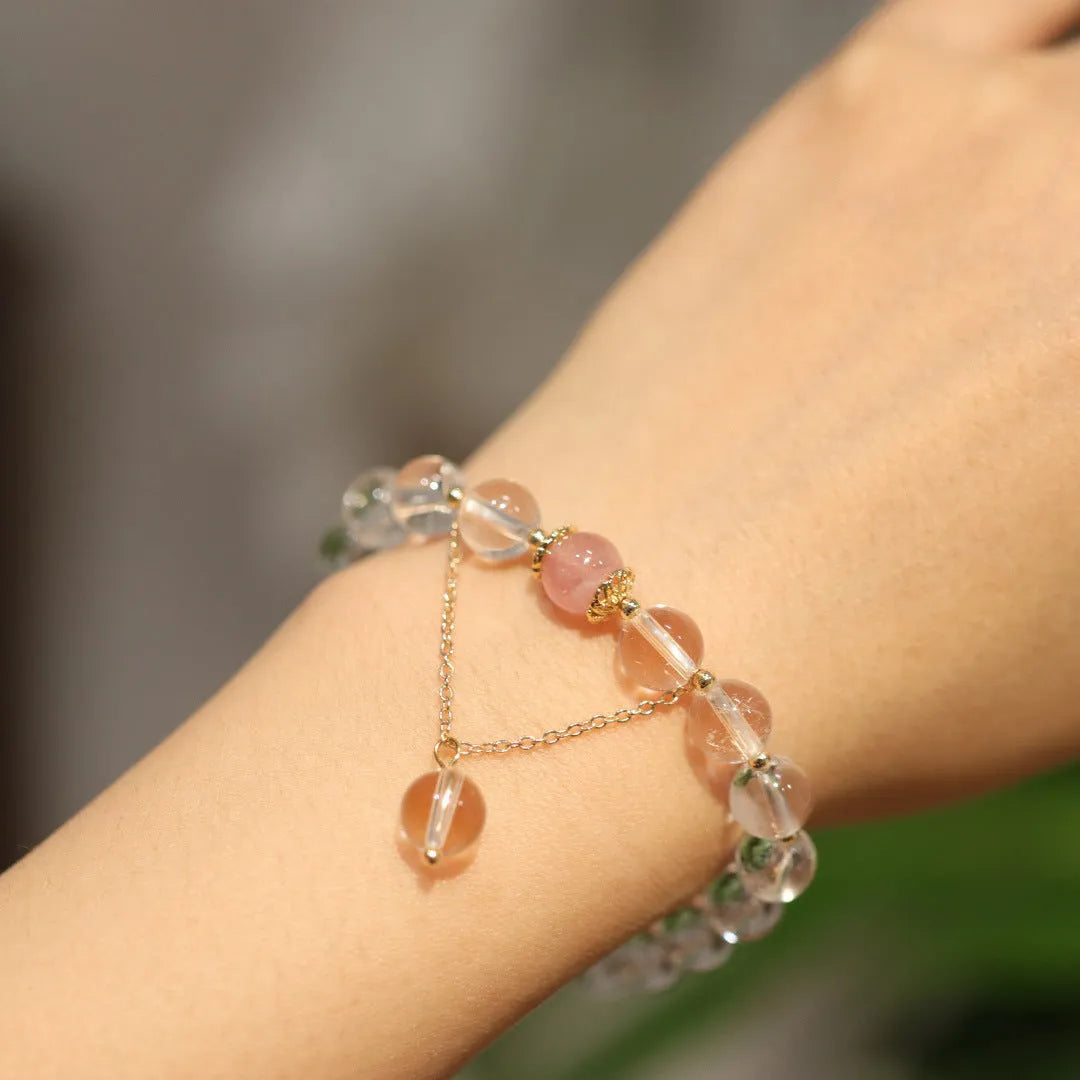 White crystal and cat eye obsidian geometric bracelet with Chinese auspicious patterns