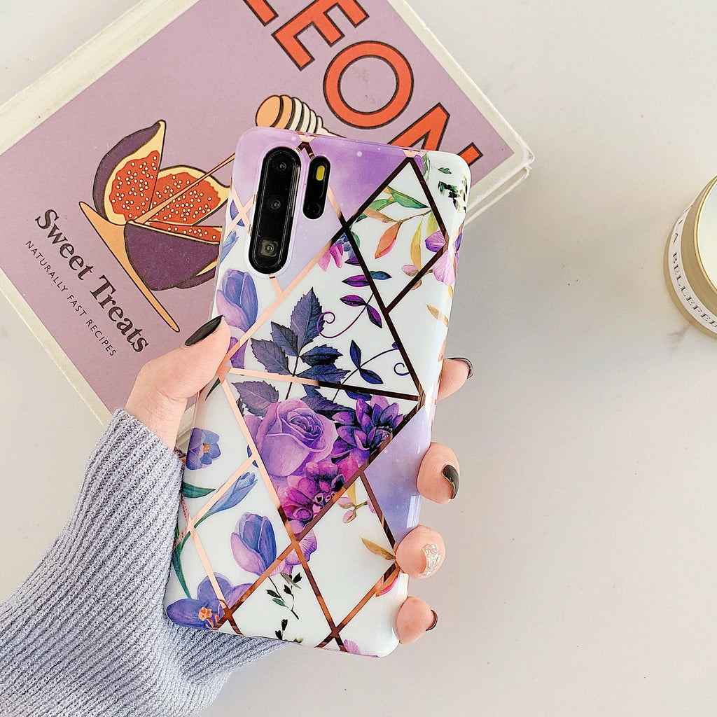Huawei phone case with white floral lattice pattern on blue background