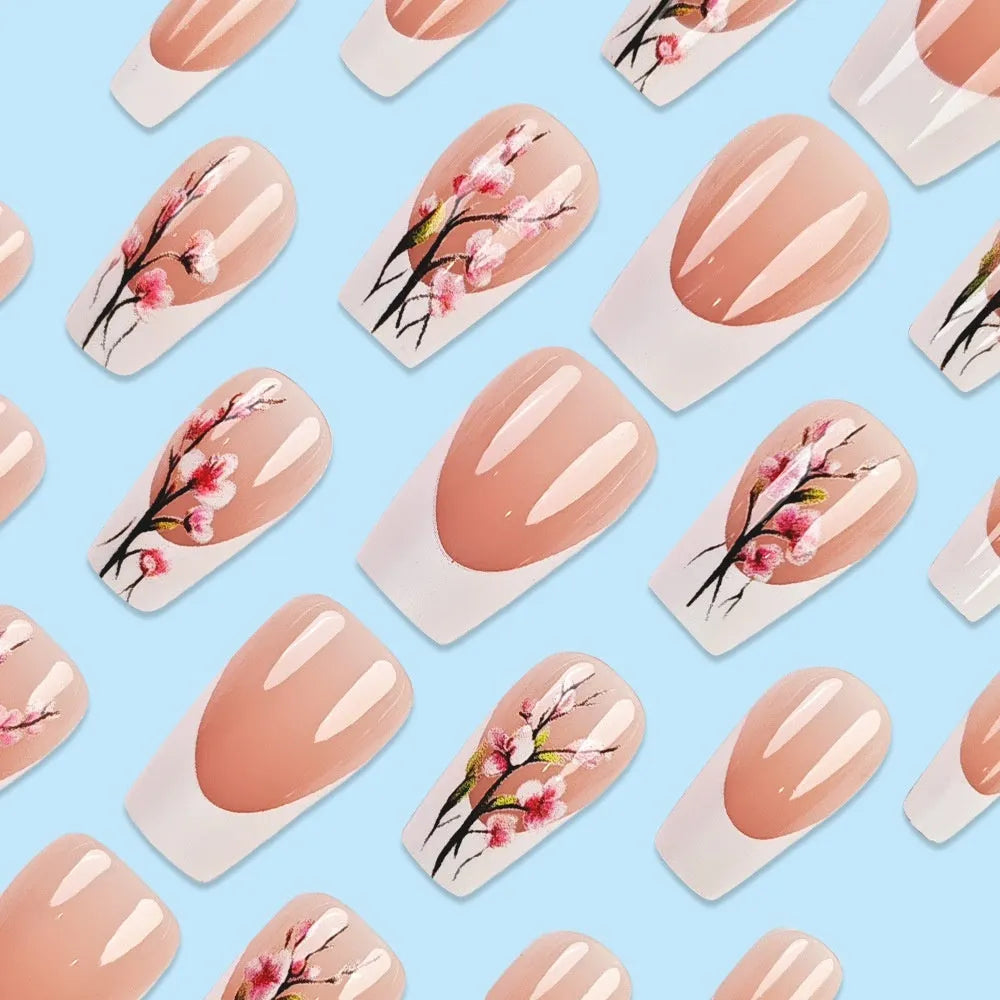 Plum blossom pattern white edge French false nail tips with starry sky accents, short ballet style, 24 pieces with jelly glue