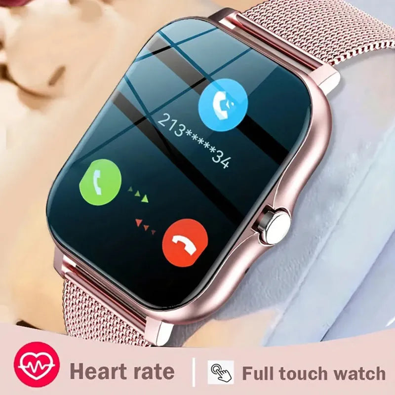 Smart watch with 1.44-inch touch screen display on a silicone strap, showing fitness metrics interface.