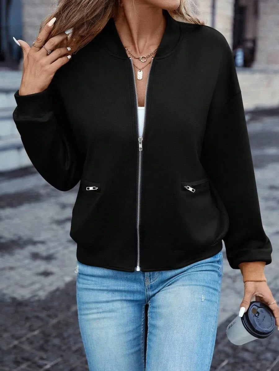 Women's solid black faux pocket zip jacket with long sleeves for casual autumn winter wear