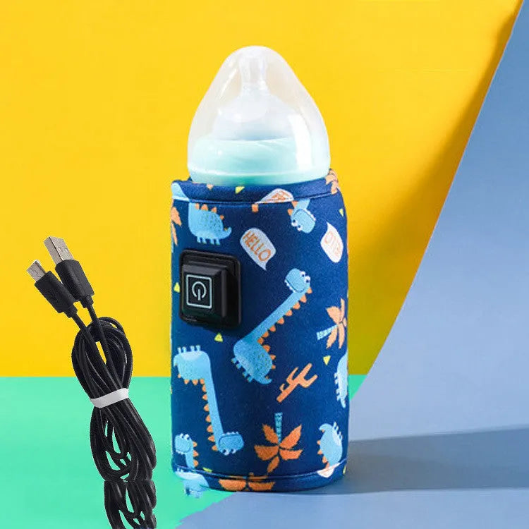 USB-powered baby bottle insulation cover in blue dinosaur design with thermostatic heating