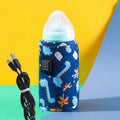 USB-powered baby bottle insulation cover in blue dinosaur design with thermostatic heating