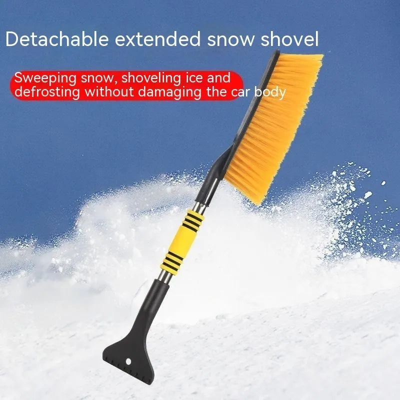 Blue telescopic car snow brush and ice scraper with a wide snow plough blade for winter car cleaning