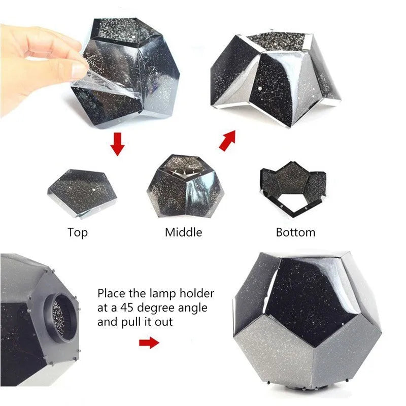 LED star projector night lamp showing constellation projection on bedroom ceiling with remote control