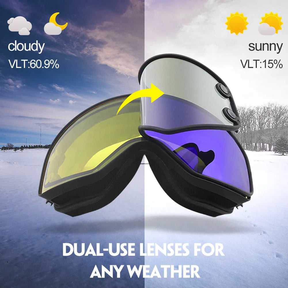 Magnet myopia night vision ski goggles with double-layer anti-fog PC and TPU construction