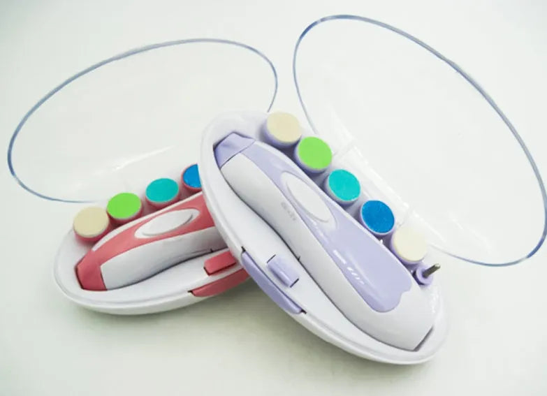 Blue and pink baby electric nail polisher file for infants and toddlers aged 0-3 years.