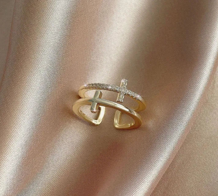 Women's adjustable copper ring with geometric design, white gold finish, and zircon gem inlay.