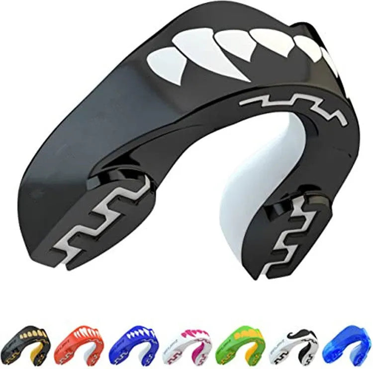 Adult boxing mouthguard with tooth socket design in black and white printed teeth colour