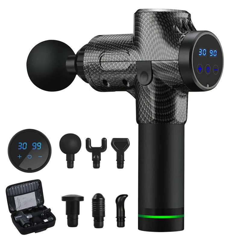 Black fascia gun massager with brushless motor and LCD touch screen for muscle relaxation