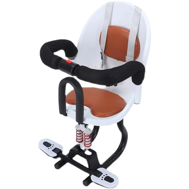 Front-mounted child safety seat for electric scooter in black, red, or white.