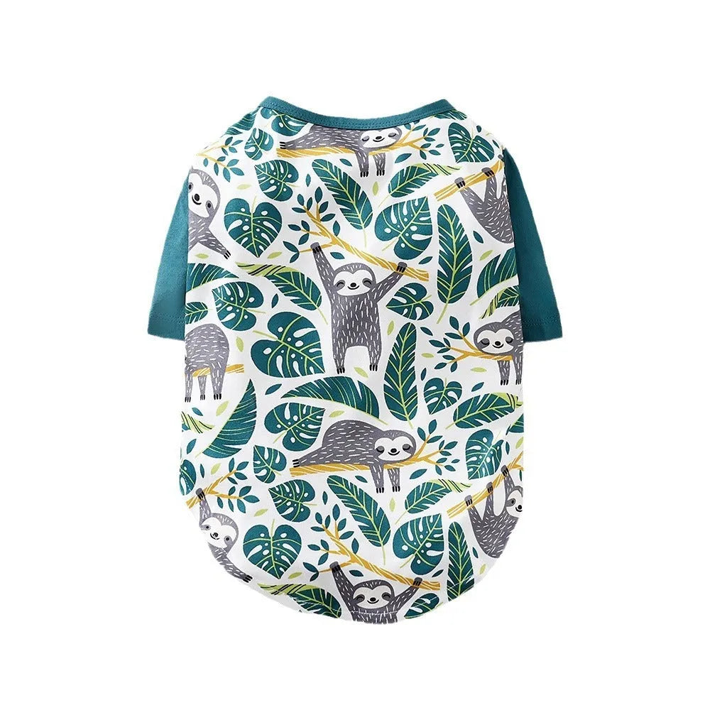 Full printed polyester dog t-shirt in casual style for spring and autumn wear with size chart
