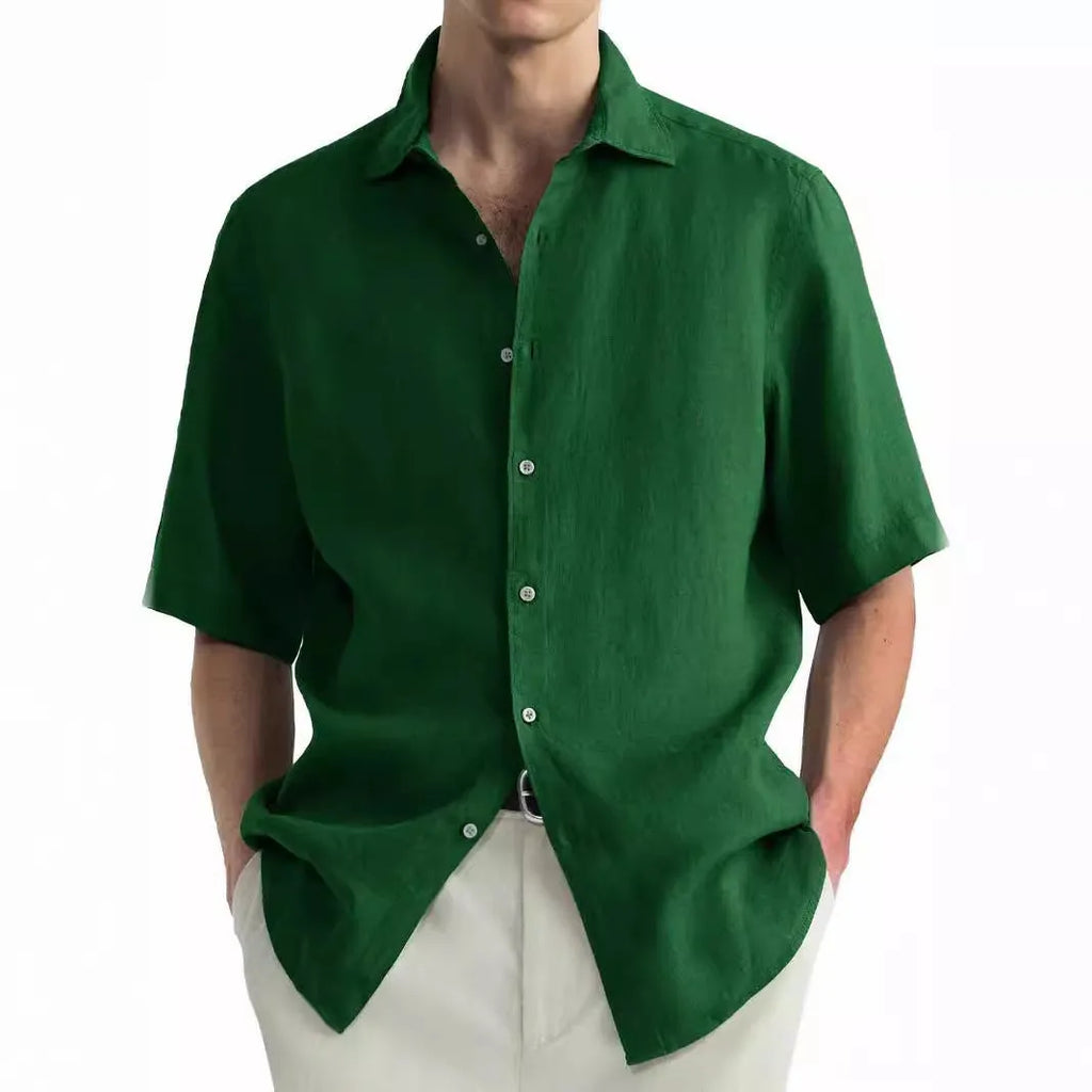 Men's green casual cotton cardigan shirt with matching trousers laid flat