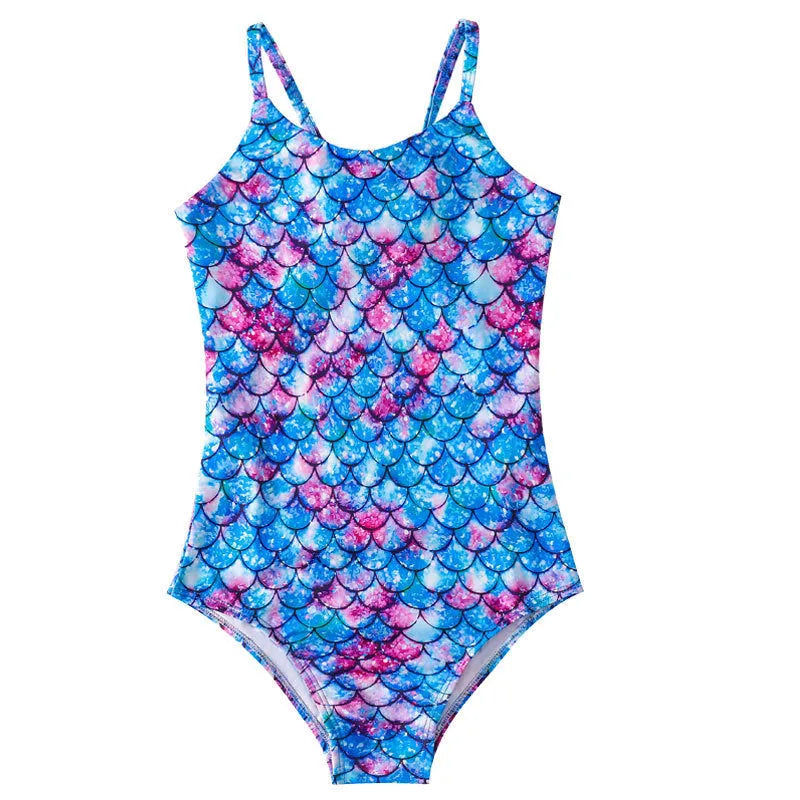 Girls' mermaid pattern one-piece swimsuit in briefs style for swimming and wading activities