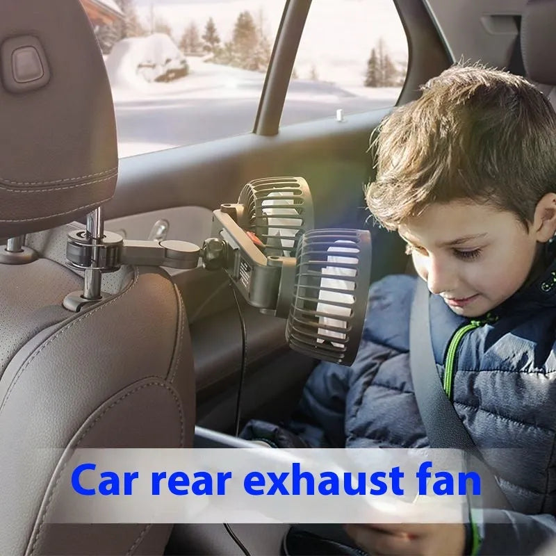 Black car mounted USB dual head fan with rear double-headed design, plastic body, and included bracket