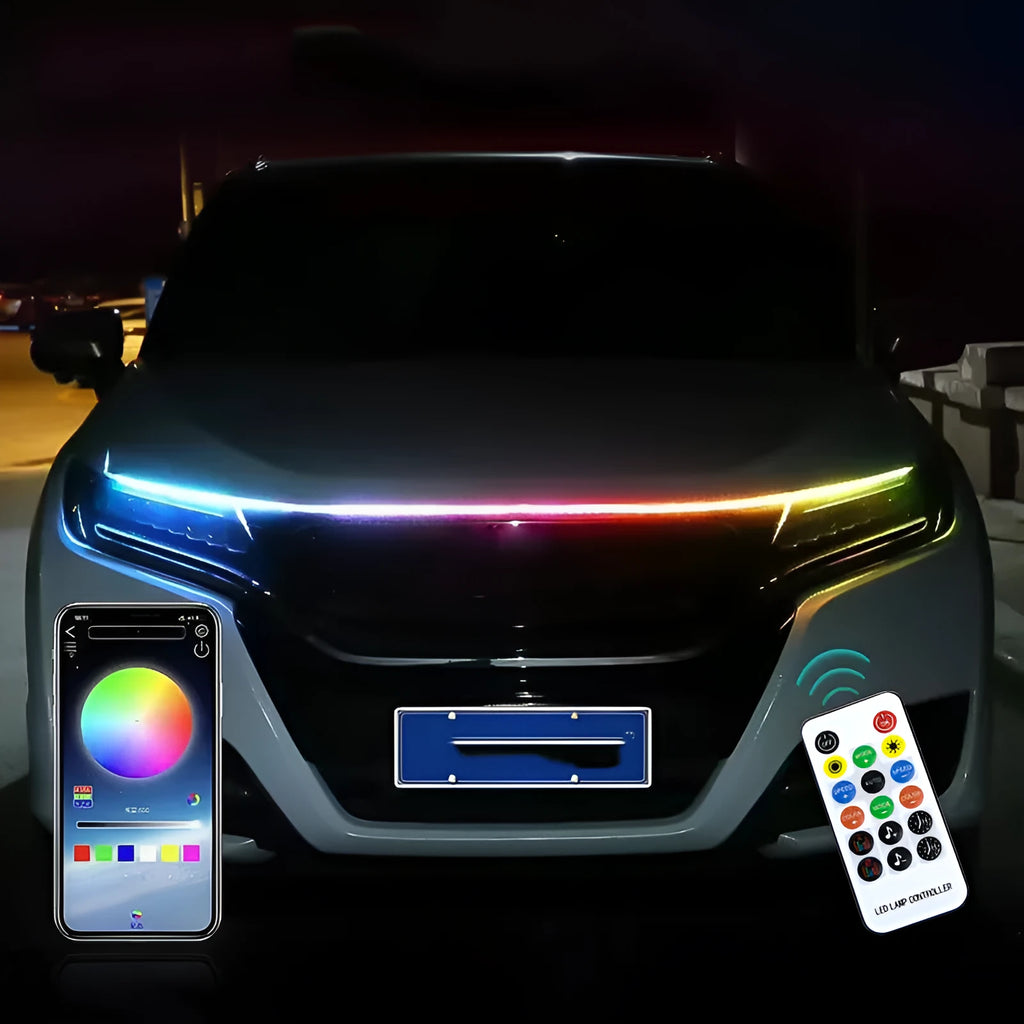Flexible PVC LED light strip for automotive engine cover installation in various lengths and colours.