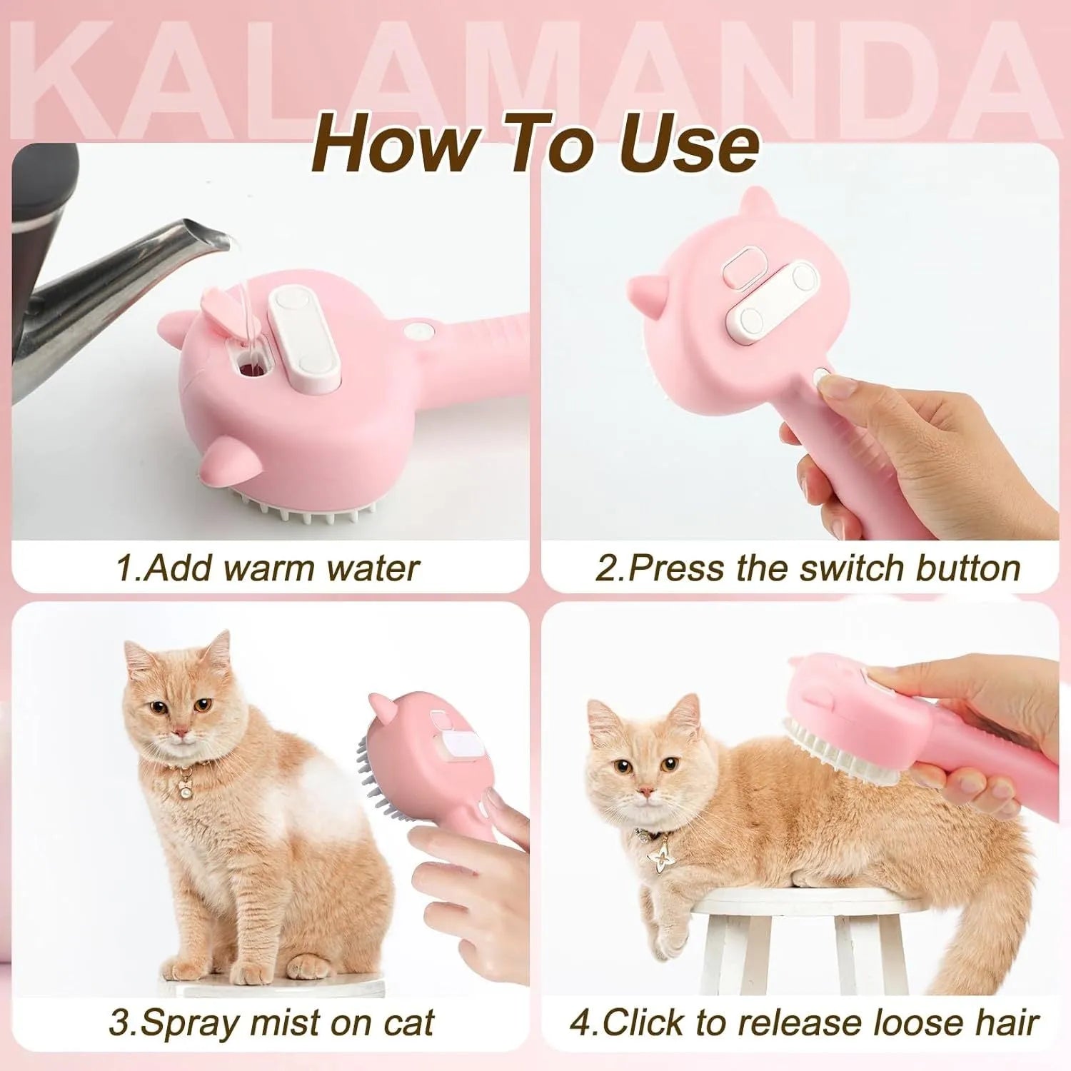 Cat ear-shaped steam brush with soft rubber bristles and release button for pet grooming
