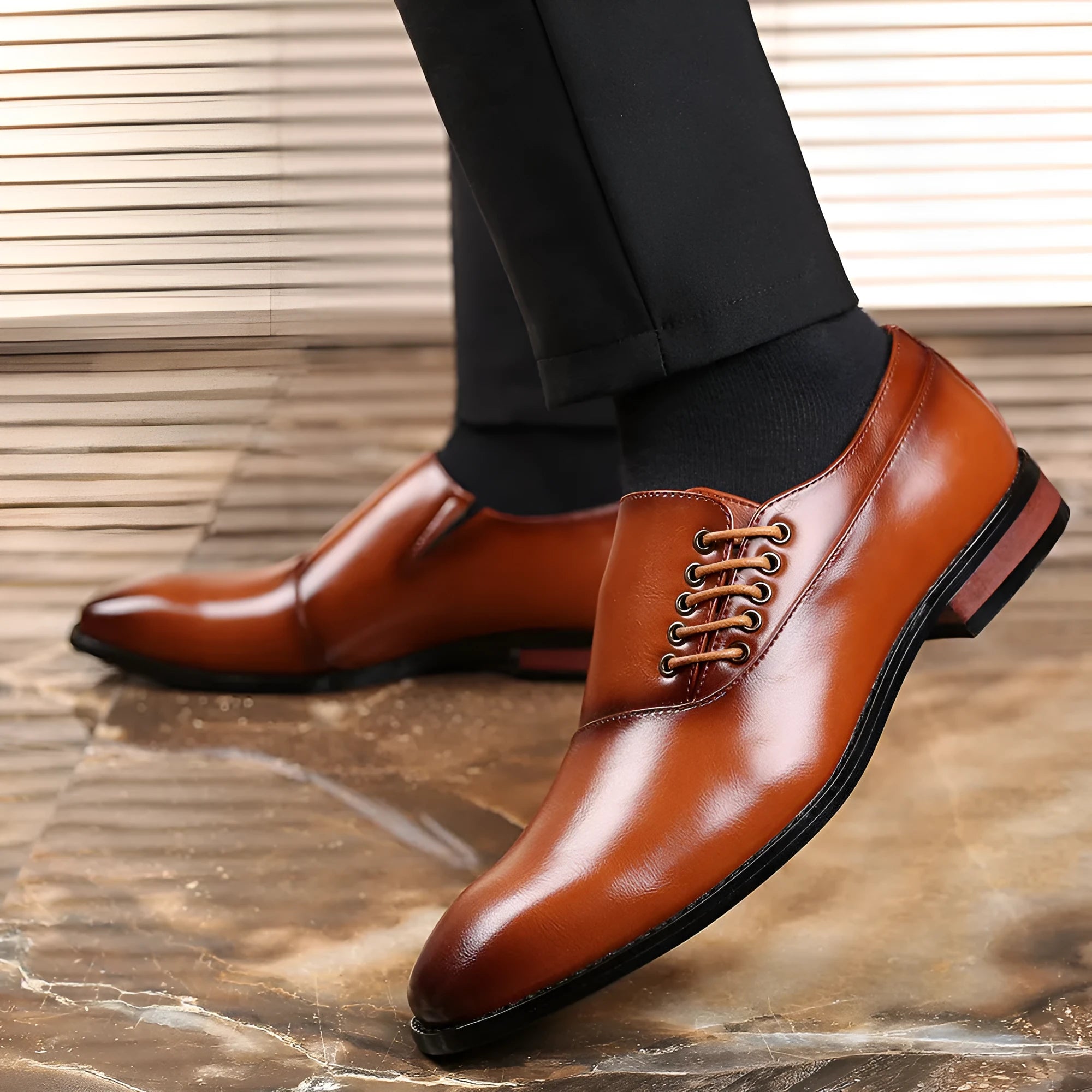 Japanese square toe large size men's lace-up shoes in black with leather stitching and rubber sole