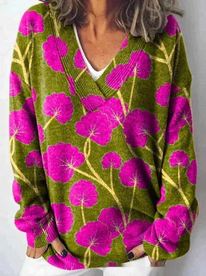 Women's V-neck sweatshirt with 3D floral pattern print and long sleeves in casual pullover style