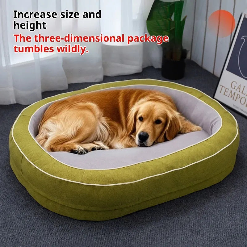 Oval removable cloth pet bed for dogs in green colour with visible stitching