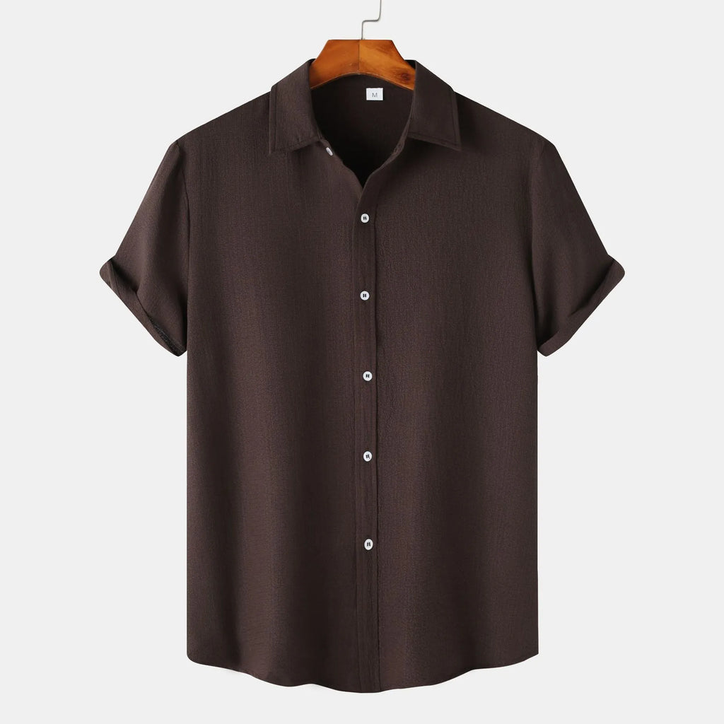 Men's short-sleeved casual polyester shirt on a hanger, shown in a GKESJ colour variant.