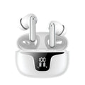 White and black TWS noise reduction wireless earbuds in charging case with digital battery display
