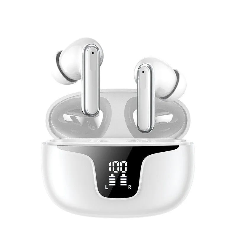White and black TWS noise reduction wireless earbuds in charging case with digital battery display
