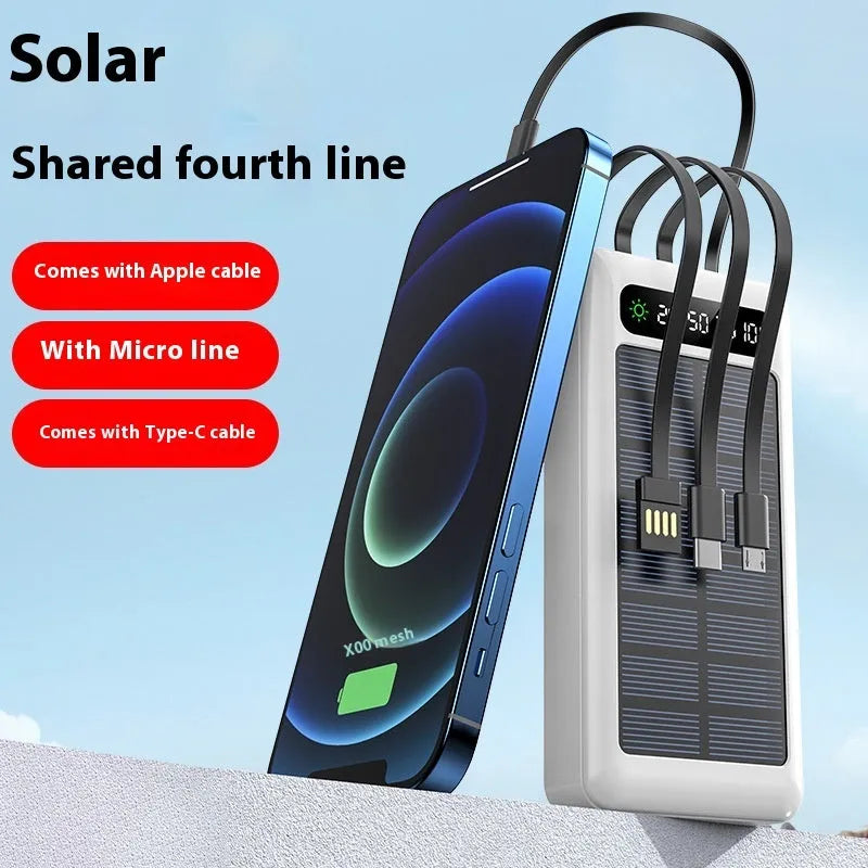 Solar power bank with charging cable 30000mAh capacity in black industrial plastic case
