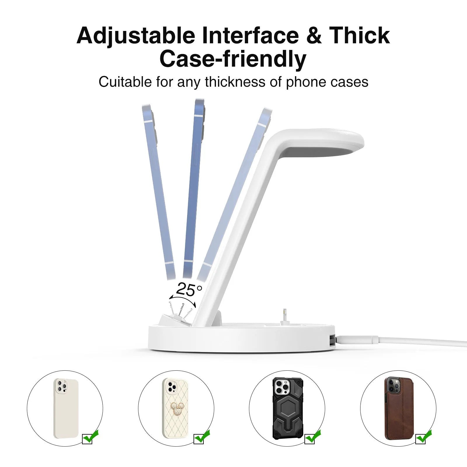 Three-in-one magnetic wireless charger mobile phone holder in white with fixed base