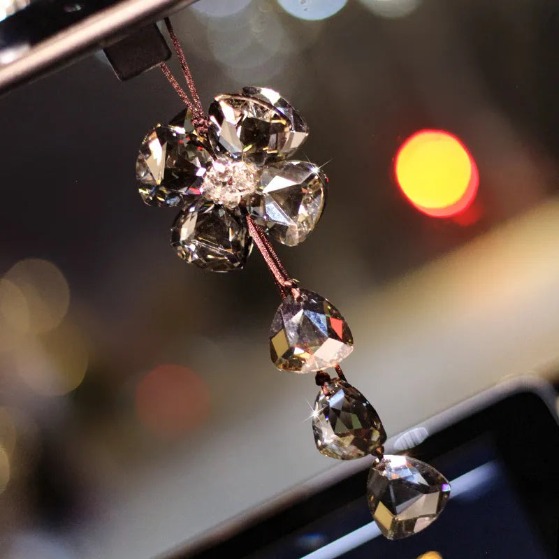 Crystal four leaf grass car pendant approximately 20cm in transparent champagne black shiny colours