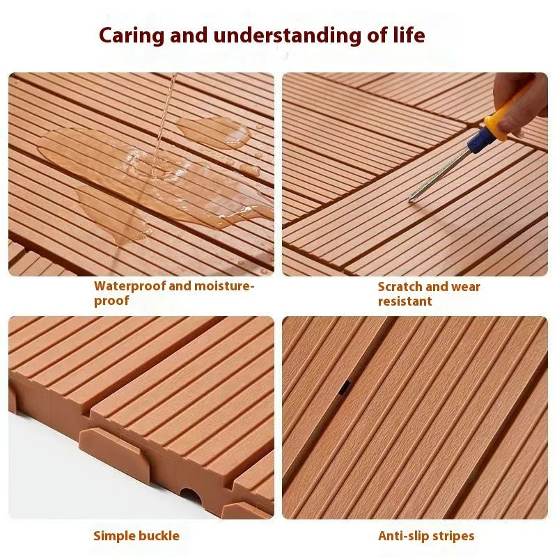 Pack of 10 wood grain patterned plastic floor tiles showing non-slip surface and splicing edges.