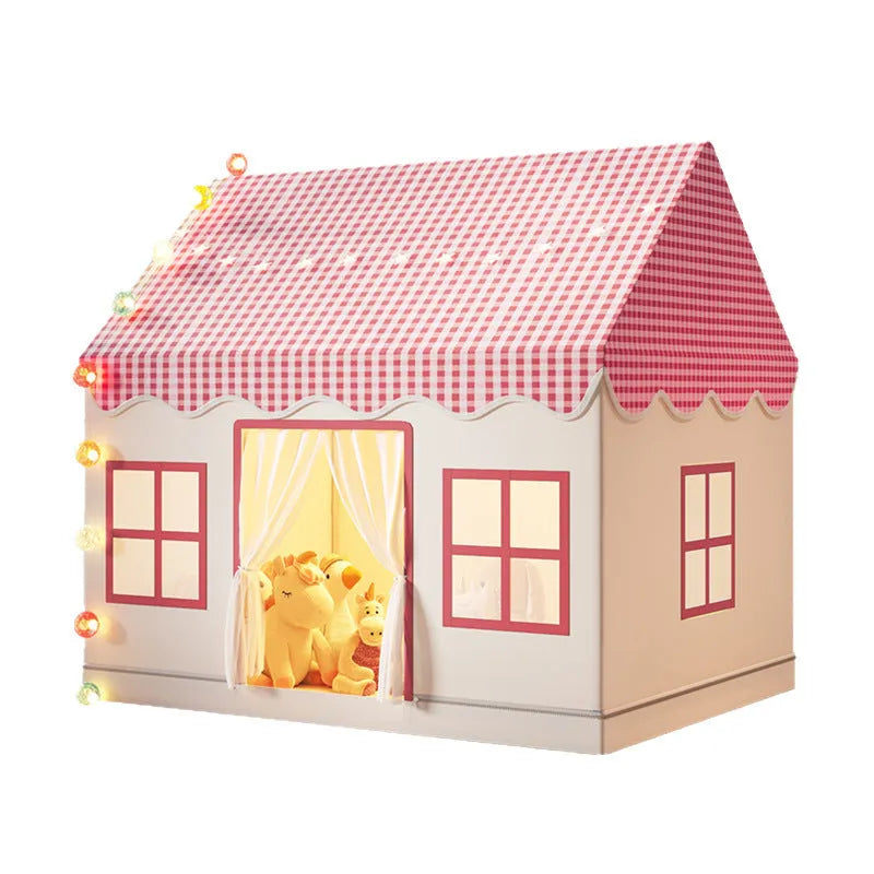Children's princess dream tent in pink plaid polyester fabric, dimensions 105x118x128cm, for indoor play and sleep training.