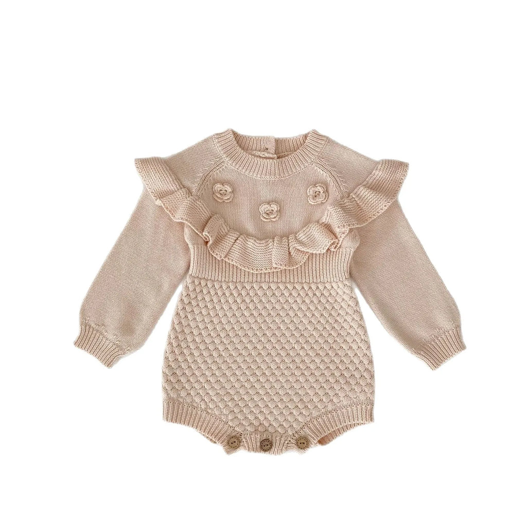 Baby hand crocheting flower pineapple plaid knitted wool long sleeve jumpsuit in stone powder for girls