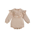 Baby hand crocheting flower pineapple plaid knitted wool long sleeve jumpsuit in stone powder for girls