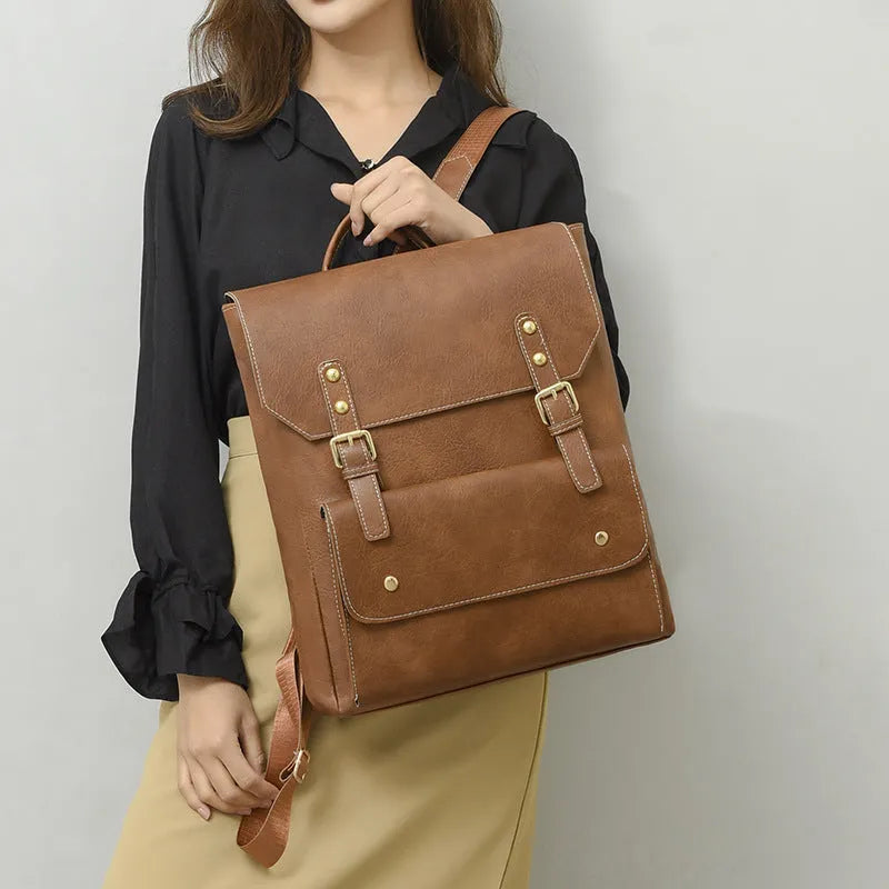 Korean style retro backpack in soft PU leather showing ventilation features and retro design elements