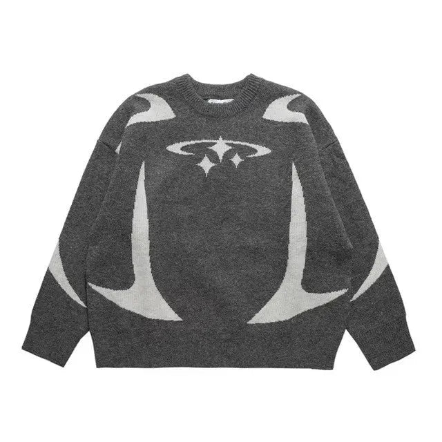 Women's loose abstract jacquard pullover sweater, long sleeve, 65cm medium length, thick core-spun yarn knit