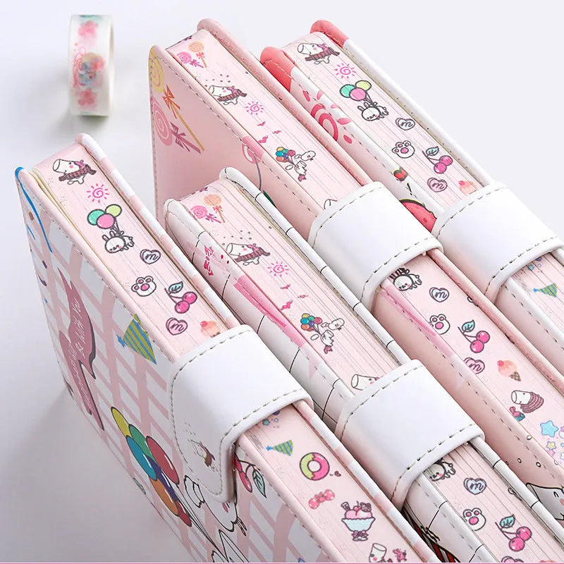 White portable notebook with magnetic buckle showing Kaba bear hippo and heart design