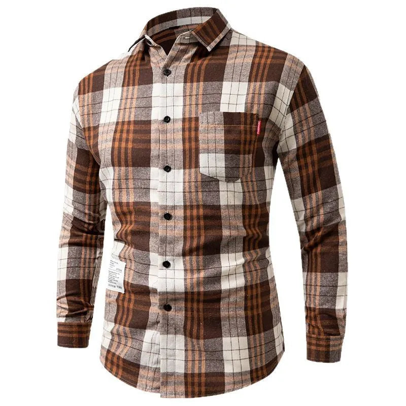 Men's loose-fit long-sleeved polyester plaid shirt in brown grid, Korean-style spring cardigan