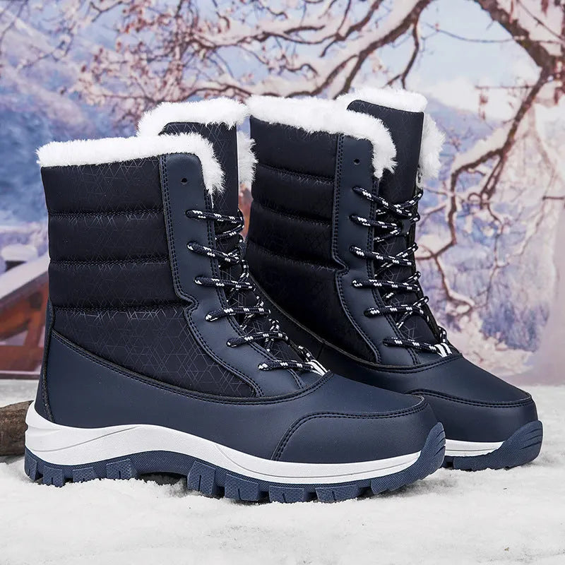 Women's fleece lined padded winter snow boots in black with rubber sole and front lace-up