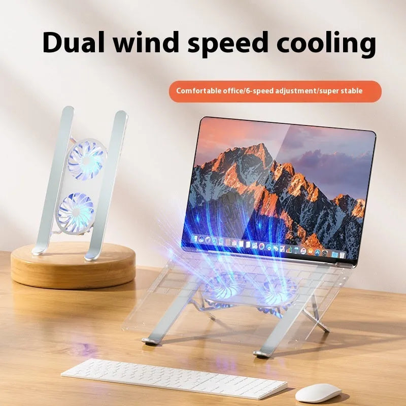 Silver aluminium laptop cooling stand with twin fans and adjustable height, shown folded next to storage bag and USB cable.