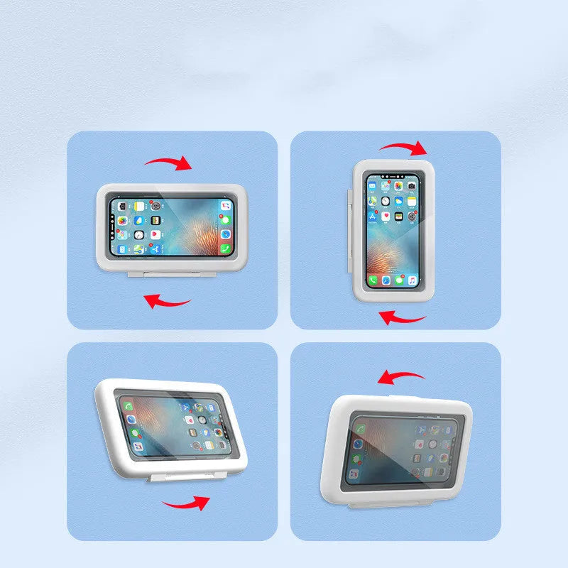 White waterproof phone holder mounted on bathroom tile with phone visible through anti-fog window