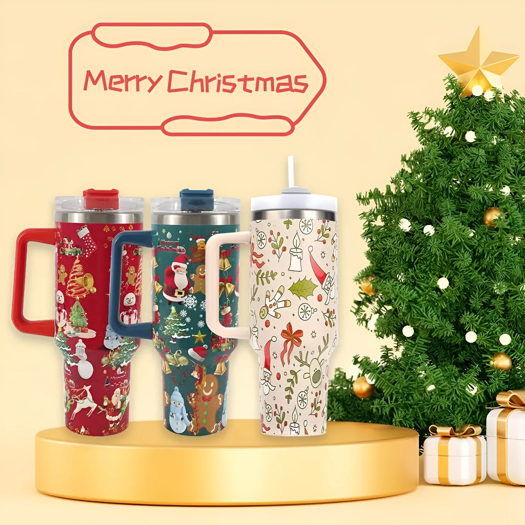 Red stainless steel travel tumbler with handle, straw and Christmas pattern decoration showing 1200ml capacity markings