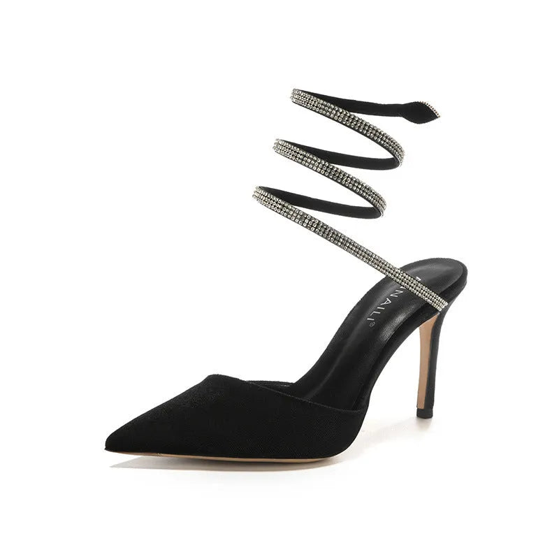Women pointed stiletto high heels with ankle strap in black velvet 7cm heel