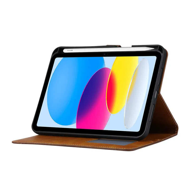 Classic black imitation leather flip cover case for iPad showing stand mode.